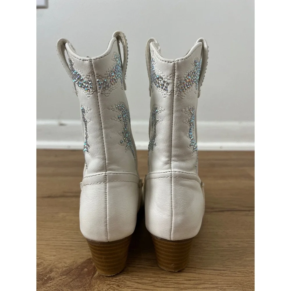 Western Rhinestone Cowgirl Boots Kids 9 White Sparkle Flame Pointed‎ Toe